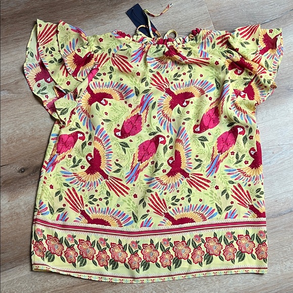 RACHEL Rachel Ray Bright Yellow Parrot Print Flutter Sleeve Top NWT Size S - Picture 9 of 14